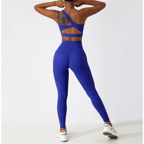 Wholesale PCS Set OEM Custom Logo Gym Wear Running Pants Nude One Shoulder Fitness Bra