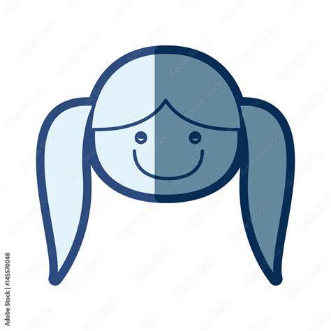 Blue Silhouette Of Caricature Front Face Girl With Pigtails Hair Vector