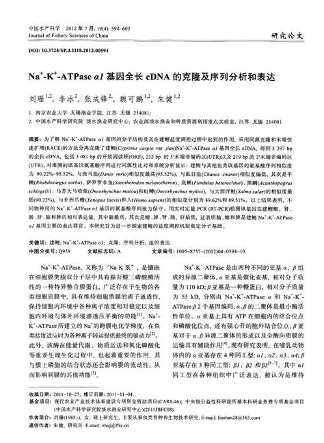 Na~ K~ Atpase α1基因全长cdna的克隆及序列分析和表达word文档在线阅读与下载无忧文档