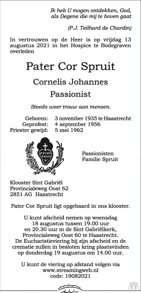 Pater Cor Cornelis Johannes Spruit Overlijdensbericht En