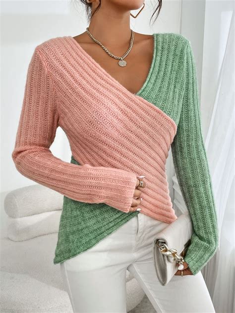 Camisolas Dois Tons Enrolado Cruzado Pullover Stricken Stricken Mode