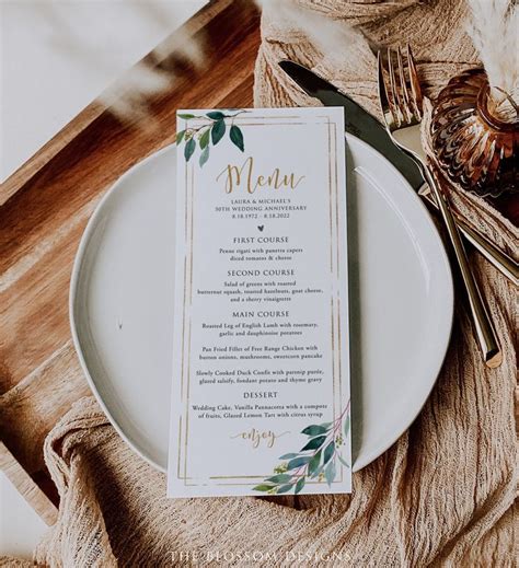 Greenery Menu Template Wedding Anniversary Menu Gold Etsy In 2022