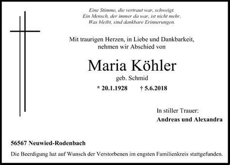 Traueranzeigen von Maria Köhler rz trauer de