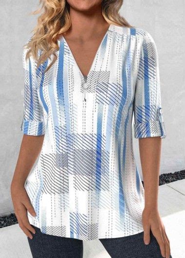 Sky Blue Zipper Striped Sleeve V Neck Blouse Modlily Usd