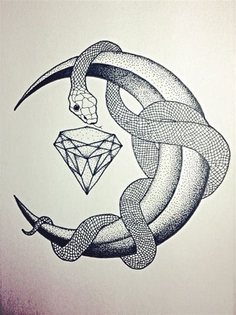 Lovely snake curled around dotwork moon and diamond tattoo design ...