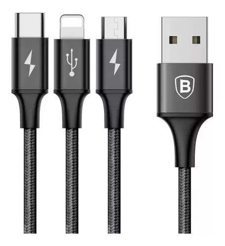 Cable Baseus Negro Con Entrada USB Salida Lightning Micro Usb Type