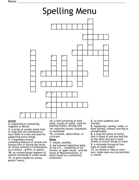 Spelling Menu Crossword Wordmint