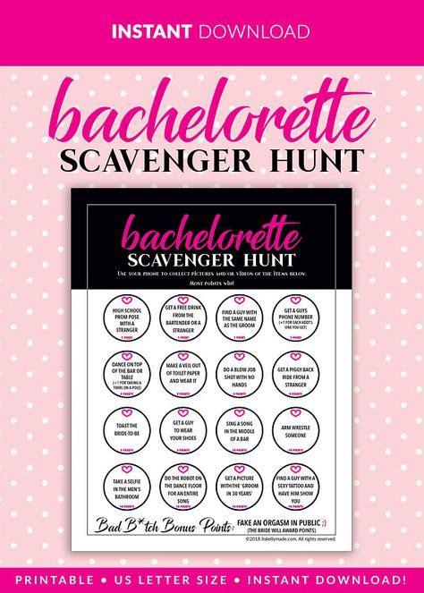 Bachelorette Party Scavenger Hunt Instant Download Printable Game Hen Party Games Pink