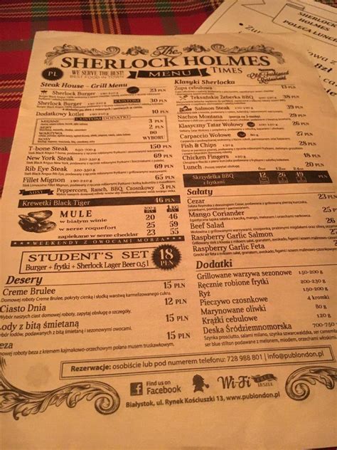 Menu at The Sherlock Holmes restaurant, Bialystok