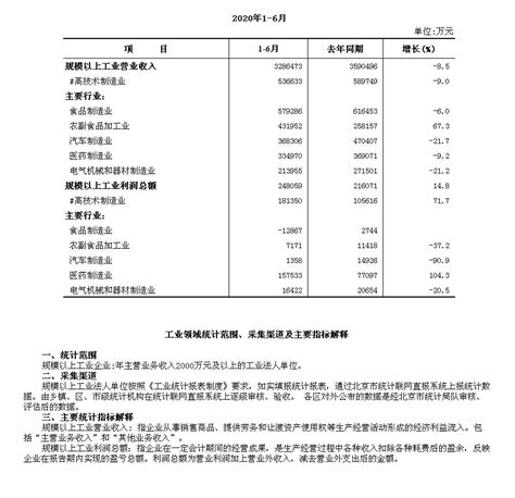 通州区2020年1 6月规模以上工业企业主要经济指标 按主要行业