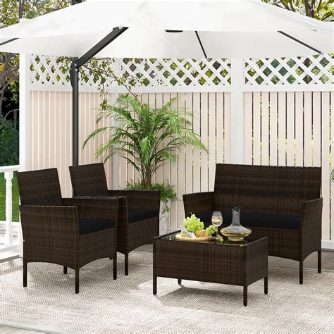 4 PCS Wicker Patio Conversation Set Rattan Seating Sofa Chair Bed