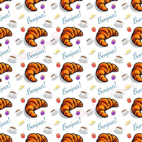 Bonjour Croissant Pattern Graphic SVG, Breakfast Pattern, Pastry Vector, French Pattern, Cafe Au ...