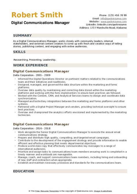 Digital Communications Manager Resume Samples Qwikresume