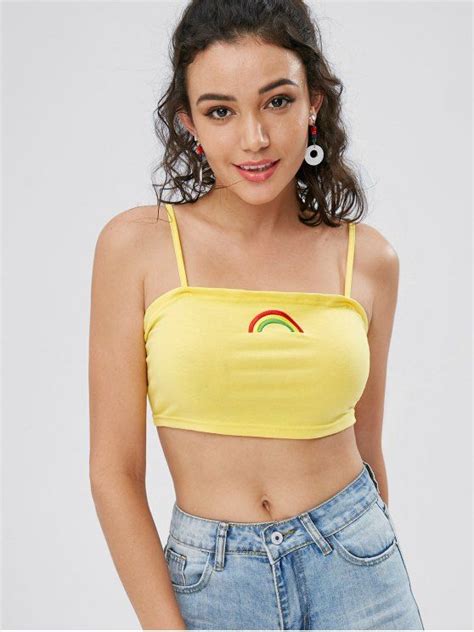 Off Rainbow Embroidered Cami Top In Yellow Zaful