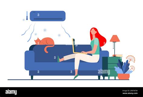 Woman Sitting On Sofa With Cat And Laptop Under Air Conditioner Stock