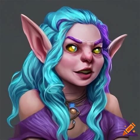 Portrait Of A Female Gnome With Blue And Purple Hair On Craiyon