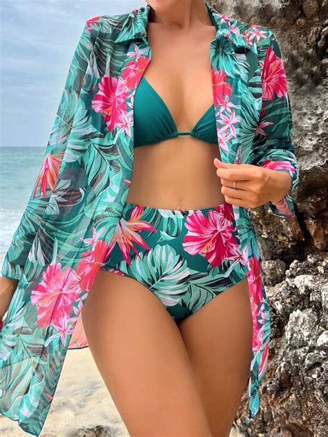 Shein Swim Classy Tropical Print Bikini Set Triangle Bra And High Waisted