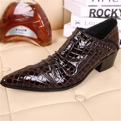 Crocodile Pattern Oxfords Men Pointed Toe Dress Shoes Brown Patent Leather Party Wedding Fashion