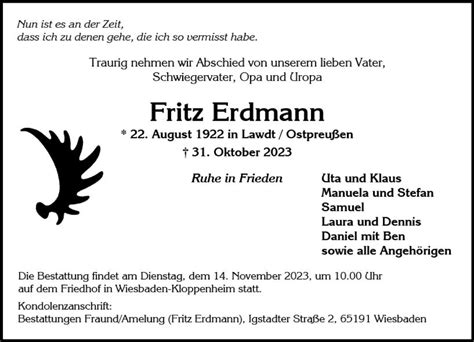 Traueranzeigen Von Fritz Erdmann Vrm Trauer De