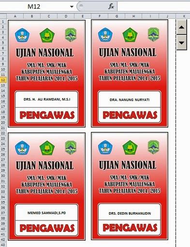 Nurkholis Membuat Kartu Pengawas Ujian Nasional Tahun 2015 Dengan Excel