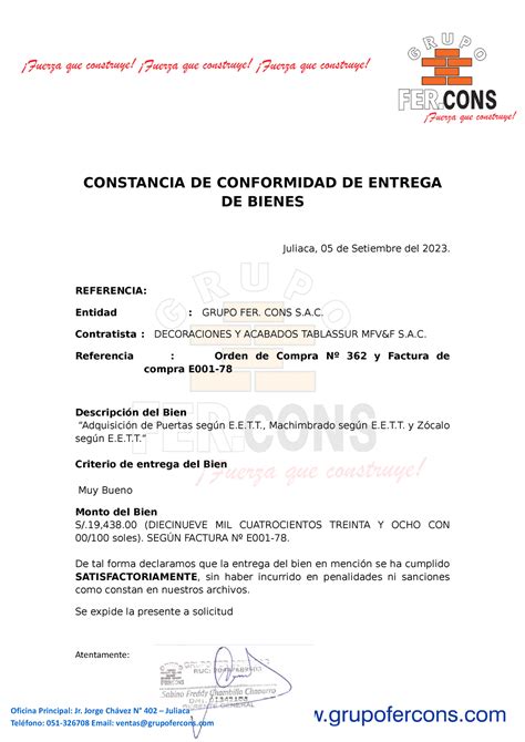 Modelo De Acta Entrega De Bienes Constancia De Conformidad De Entrega