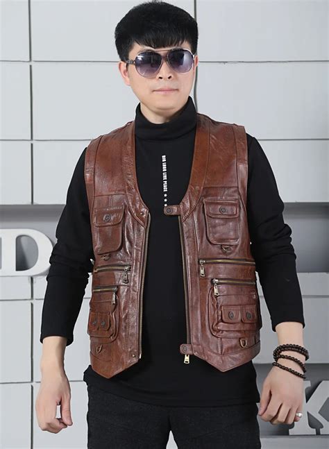 Motor Biker Vest Mens Multiple Pockets Cow Genuine Leather Vest Men