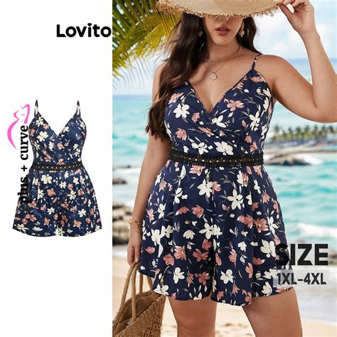 Lovito Plus Size Macaquinho Feminino Boho Floral Renda E Fita De