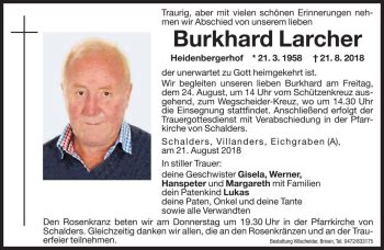 Traueranzeigen Von Burkhard Larcher Trauer Bz