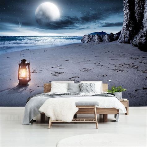 Fotobehang Vlies Behang Strand Zee En De Maan In De Nacht X