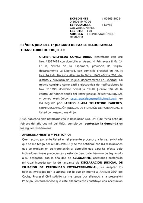 Contestación de demanda de filiación de paternidad Sociologia De La