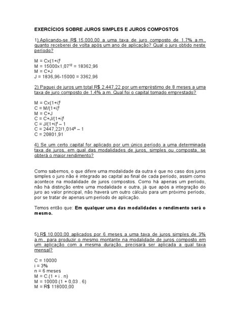 Exercícios de Juros Simples e Compostos | PDF | Juros | Investimentos