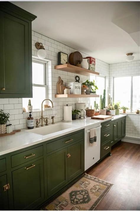 Chic Modern Meets Boho Kitchen With Olive Green Shaker Cabinets