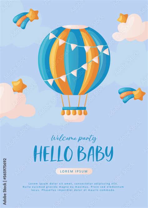 Baby Shower Invitation With Hot Air Balloon Stars Helium Balloons And Clouds On Blue