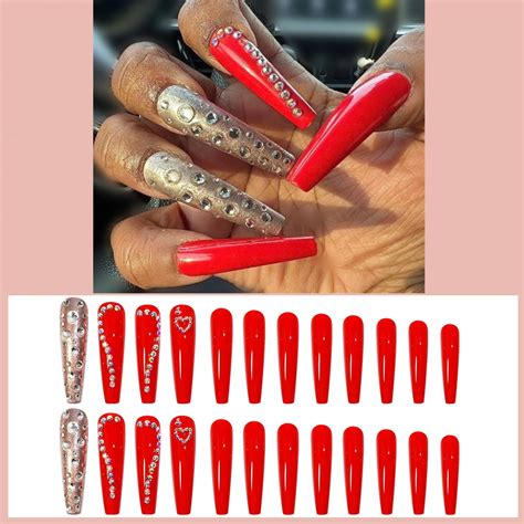 Sixdian Red Press On Nails Glitter Diamond Fake Nails Glue Stick Extra