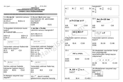 7 Sınıf Matematik Uygulamaları 1 Dönem 2 Yazılı Soruları 2021 2022 Hangisoru