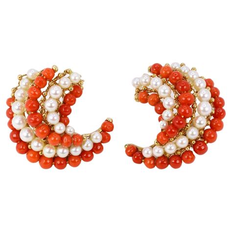 Bellin Vintage Yellow Gold Earrings Set With Pearls And Coral For Sale