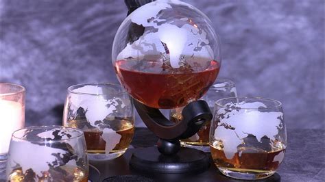 Don Vassie Etched Globe Decanter With 4 Glasses And A Squircle Wooden Base Youtube