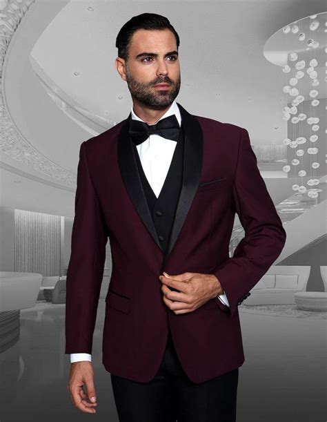 Mens Vested Wool Shawl Lapel Tuxedo In Burgundy Burgundy Tuxedo