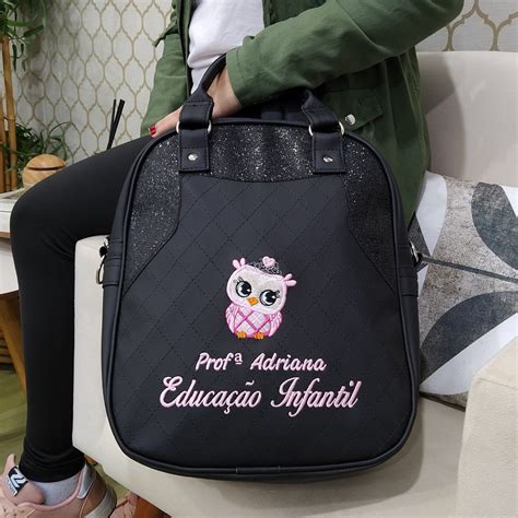 Bolsa Mochila Personalizada Preta Shine Preto Professora Educação