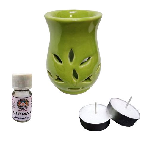 Rajasthankraft Ceramic Green Aroma Burner With Lavender10ml Aroma Oil