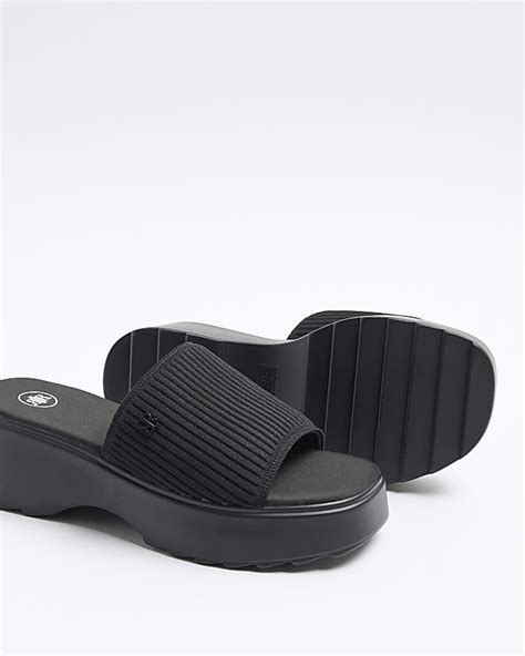 Black Wide Fit Knit Flatform Sandals River Island