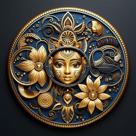 Premium AI Image A Gold And Blue Plate With Flowers And The Sun On It