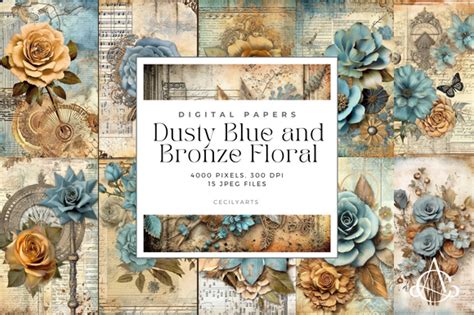 Dusty Blue Bronze Floral Junk Journal Graphic By Cecily Arts Creative