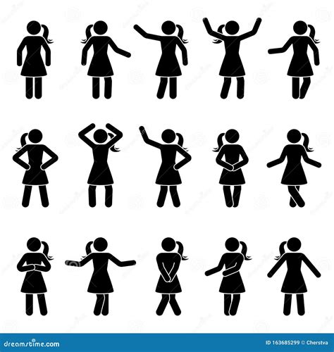 Stick Figure Woman Standing Front View Different Poses Vector Icon