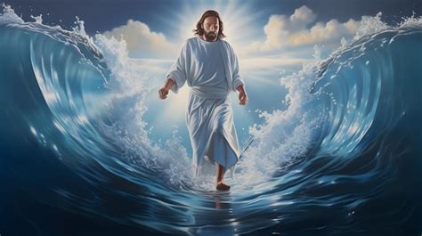 Front View Of Jesus Christ Walking On Water Premium Ai Generated Image