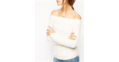 Asos Off Shoulder Sweater In Fluffy Knit In Natural Lyst