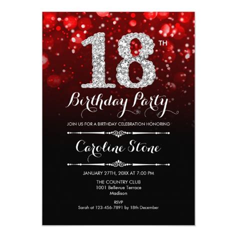 18th Birthday Red Black Silver Invitation