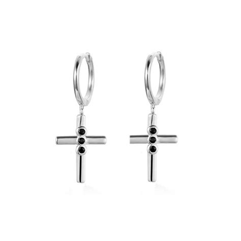 Cross Black Onyx Silver Hoops Earrings•s925 Otheliajws