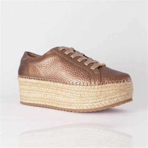 Tenis De Cuero Para Mujer Cuero Bronce Y Plataforma En Yute