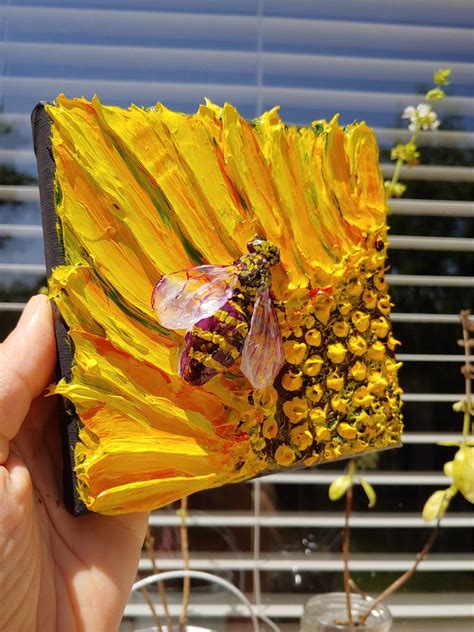 Bee Decor Bee on Sunflower Sculptured Painting Bold Textured | Etsy